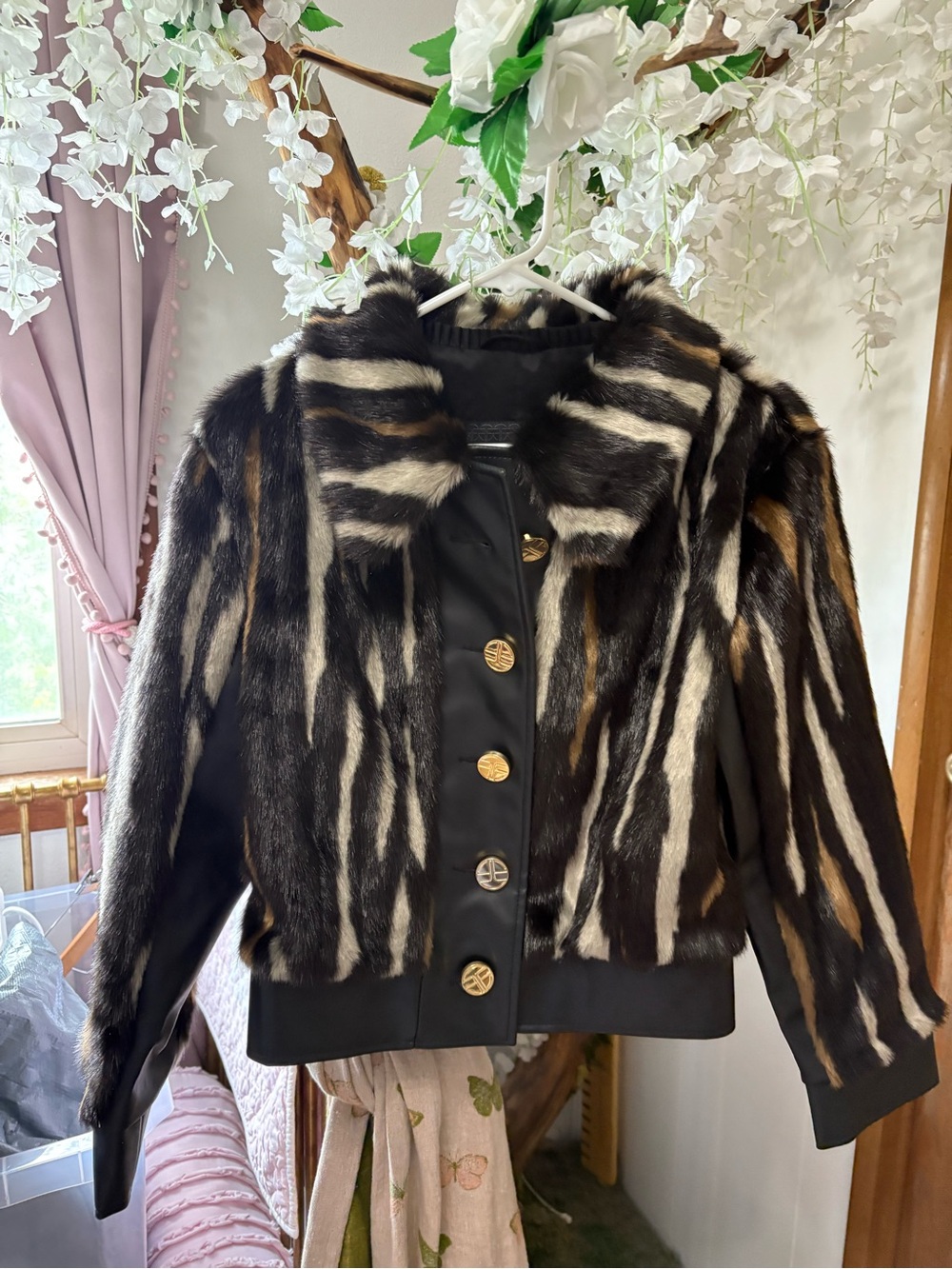 FURious Fur Collection Striped Faux Fur Teddy Jacket - Black & Cream